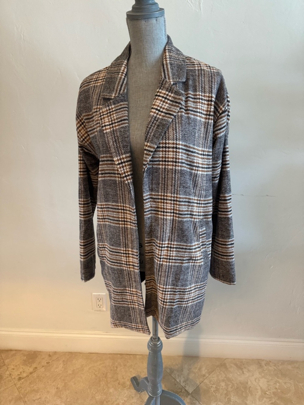 Altar'd State Brown & Cream Plaid Open-Front Blazer